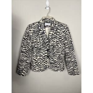 Calvin Klein Sz6 Blazer Linen Blend Cream Black Zebra Print Lined Jacket Pockets